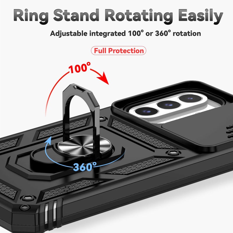 YZOK for Samsung Galaxy A17 5G Phone Case,with Camera Lens Cover HD Screen Protector,[Military Grade] Ring Car Mount Kickstand Hybrid Hard PC Soft TPU Shockproof Protective Case for Galaxy A17 5G, Black - Image 3
