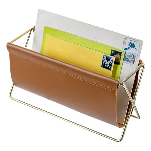 MyGift 10 Inch Mid Century Caramel Leatherette Mail Sorter Letter Holder Rack with Brass Tone Metal Frame, Faux Leather Sling Style Office Desk Card Envelope Organizer Stand - Image 1