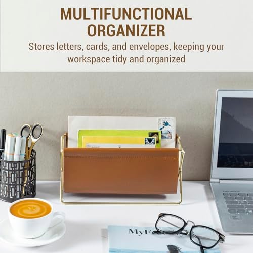 MyGift 10 Inch Mid Century Caramel Leatherette Mail Sorter Letter Holder Rack with Brass Tone Metal Frame, Faux Leather Sling Style Office Desk Card Envelope Organizer Stand - Image 3