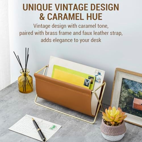 MyGift 10 Inch Mid Century Caramel Leatherette Mail Sorter Letter Holder Rack with Brass Tone Metal Frame, Faux Leather Sling Style Office Desk Card Envelope Organizer Stand - Image 2
