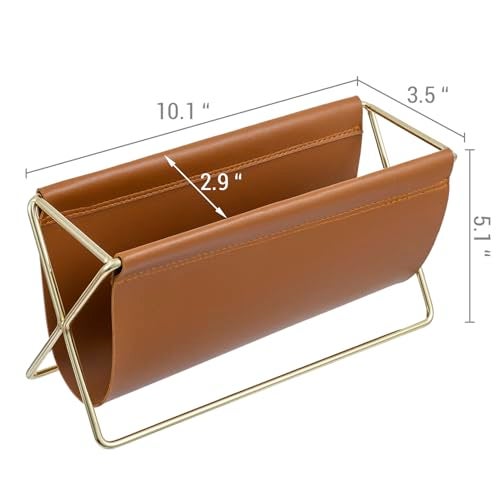 MyGift 10 Inch Mid Century Caramel Leatherette Mail Sorter Letter Holder Rack with Brass Tone Metal Frame, Faux Leather Sling Style Office Desk Card Envelope Organizer Stand - Image 5