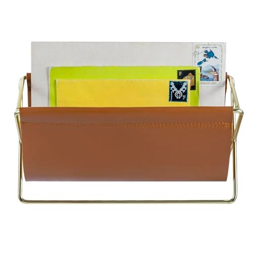 MyGift 10 Inch Mid Century Caramel Leatherette Mail Sorter Letter Holder Rack with Brass Tone Metal Frame, Faux Leather Sling Style Office Desk Card Envelope Organizer Stand - Image 4