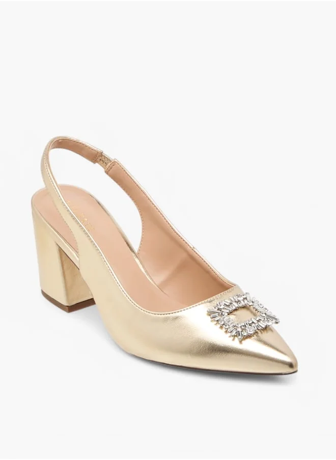 سيليست Women's Solid Slingback Shoes with Block Heels and Embellished Accent Ramadan Collection