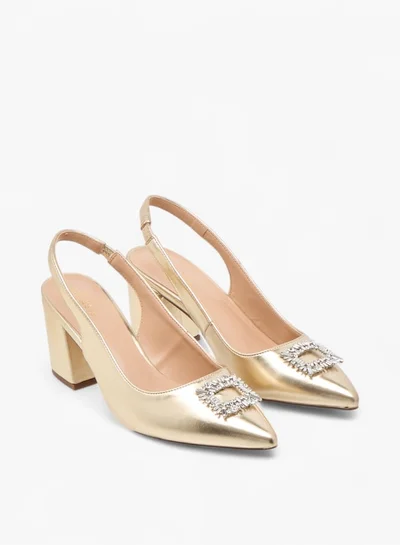 Celeste Women's Solid Slingback Shoes with Block Heels and Embellished Accent