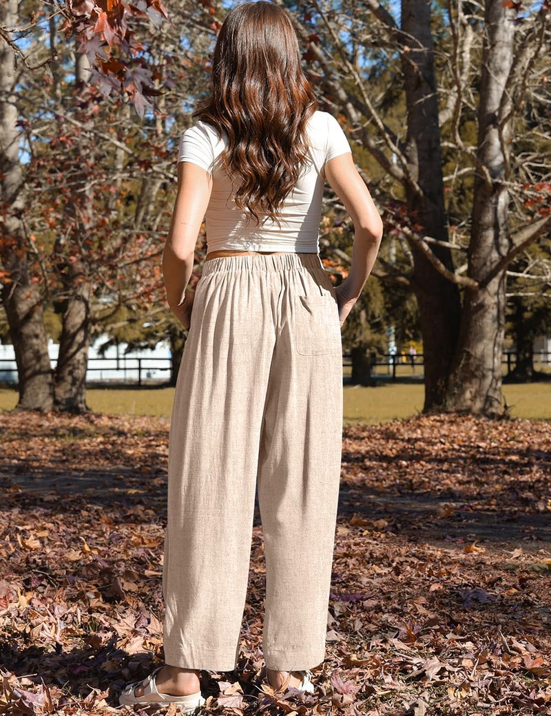 TARSE Women Linen Pants Summer Boho Wide Leg Drawstring with Pockets, HeatherLightKhaki, L - Image 3