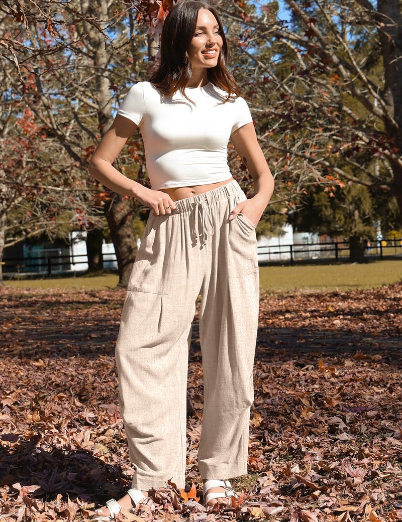 TARSE Women Linen Pants Summer Boho Wide Leg Drawstring with Pockets, HeatherLightKhaki, L - Image 1
