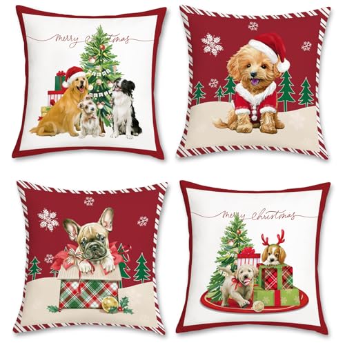 Bonhause Christmas Dog Throw Pillow Covers 18x18 Inch Xmas Lovely Pet Dog Red Decorative Pillows for Couch Sofa Bed Home Holiday Decor Set of 4 - Image 1