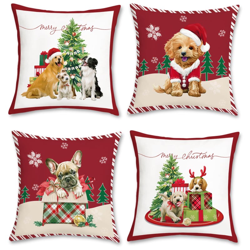 Bonhause Christmas Dog Throw Pillow Covers 18x18 Inch Xmas Lovely Pet Dog Red Decorative Pillows for Couch Sofa Bed Home Holiday Decor Set of 4 - Image 2