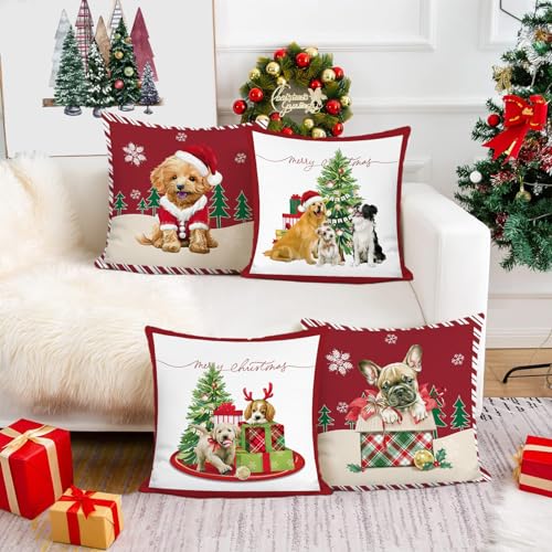 Bonhause Christmas Dog Throw Pillow Covers 18x18 Inch Xmas Lovely Pet Dog Red Decorative Pillows for Couch Sofa Bed Home Holiday Decor Set of 4 - Image 3