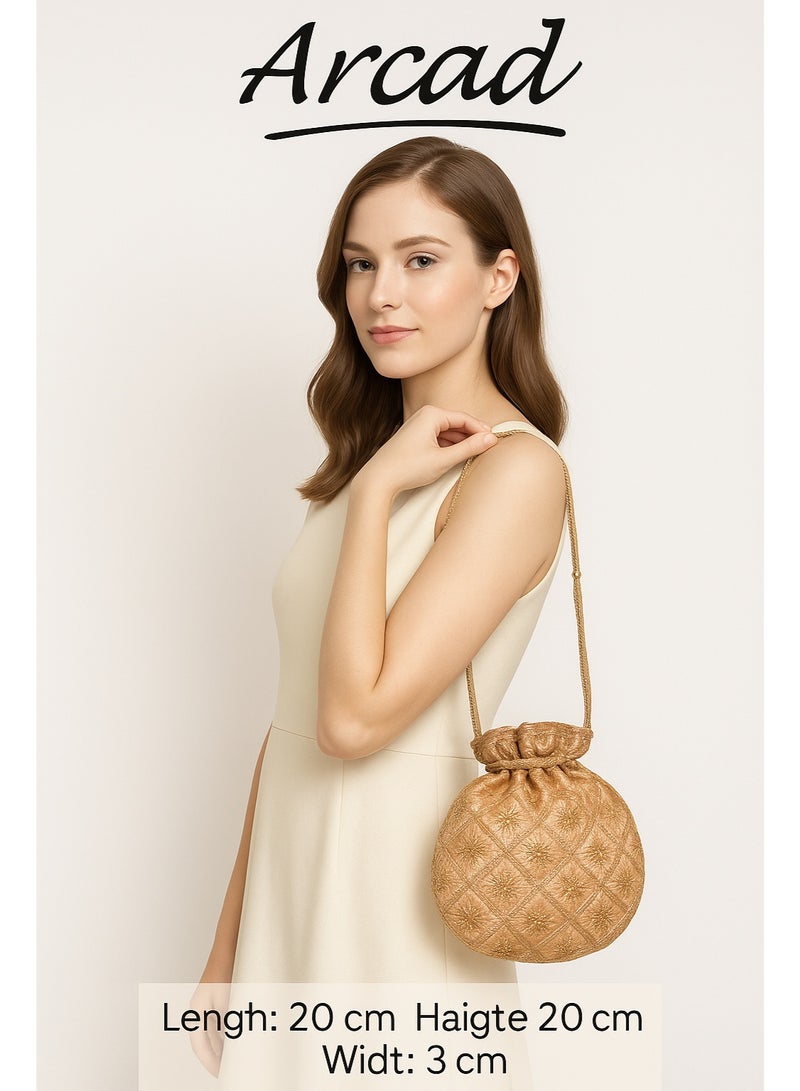 أركاد حقيبة بوتلي نسائية مطرزة بالخرز من أركاد – حقيبة يد ذهبية بسحب للخيط للأعراس والحفلات - Image 1