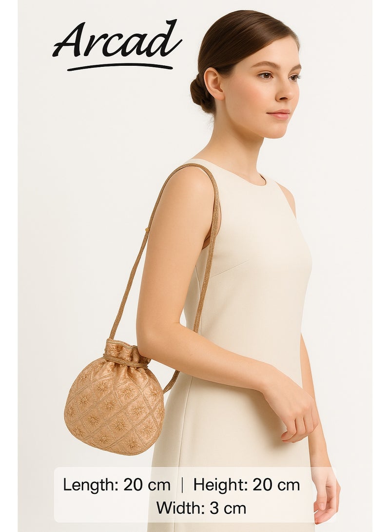 أركاد حقيبة بوتلي نسائية مطرزة بالخرز من أركاد – حقيبة يد ذهبية بسحب للخيط للأعراس والحفلات - Image 2