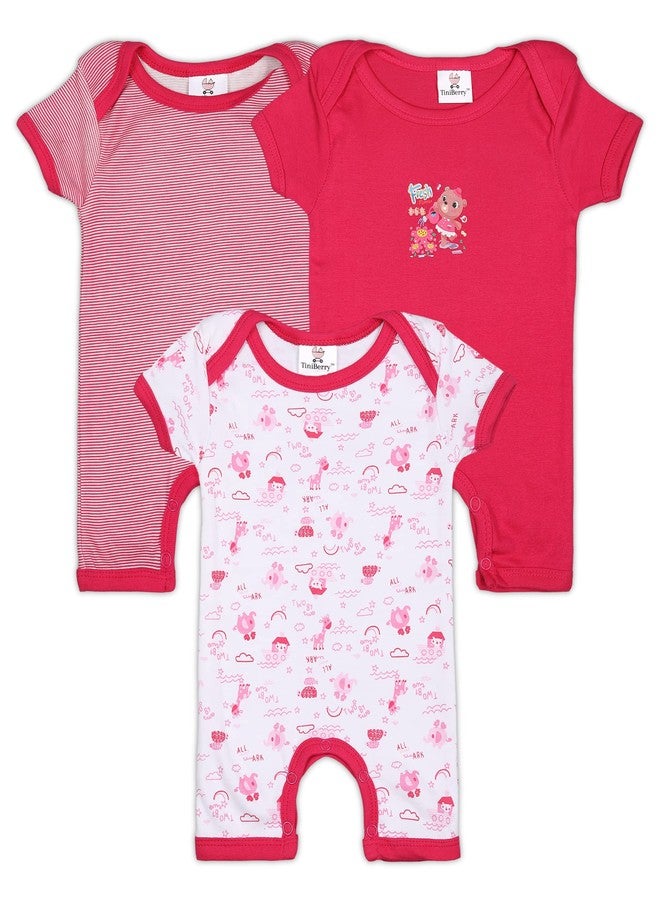 TiniBerry Baby Cotton Bodysuit/Romper/Onesie/Dungaree Knee Length For Baby Boys And Baby Girls (Pack of 3) (6-9 Months, Rani) - Image 1
