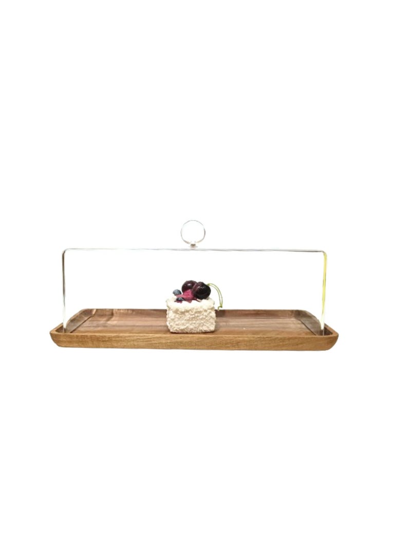 Liying Rectangular Cake Tray, Cake Wooden Plate Dish with Acrylic Display Cover Lid, Dessert Holder Tray, Cake Stand, Acrylic Grain Rectangle Cake Platter with Acrylic Cover, Pastry Base - Image 1