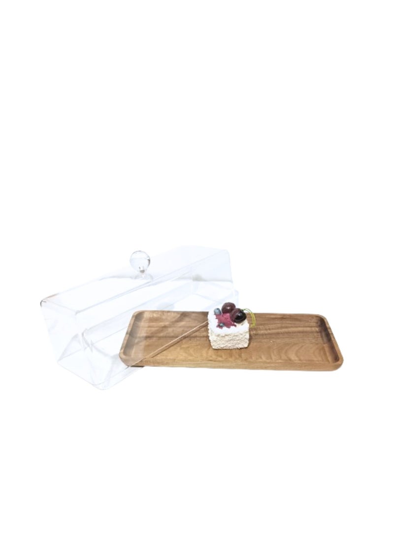 Liying Rectangular Cake Tray, Cake Wooden Plate Dish with Acrylic Display Cover Lid, Dessert Holder Tray, Cake Stand, Acrylic Grain Rectangle Cake Platter with Acrylic Cover, Pastry Base - Image 3