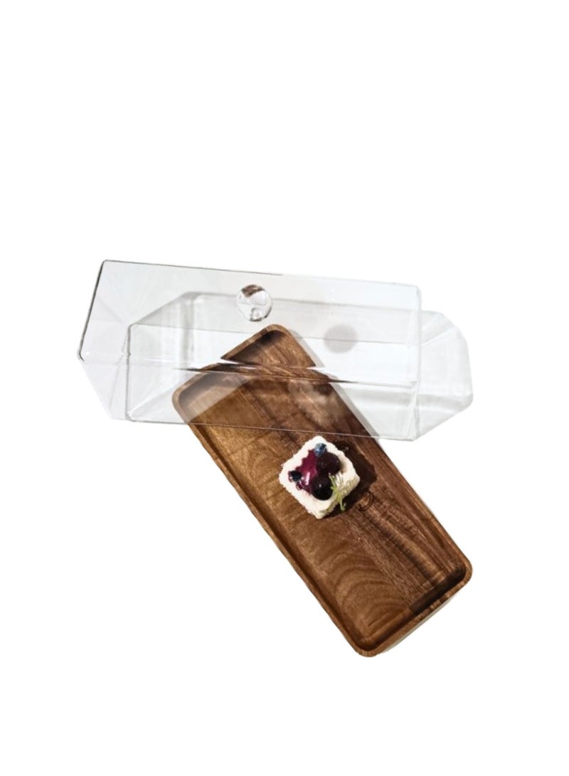 Liying Rectangular Cake Tray, Cake Wooden Plate Dish with Acrylic Display Cover Lid, Dessert Holder Tray, Cake Stand, Acrylic Grain Rectangle Cake Platter with Acrylic Cover, Pastry Base - Image 5