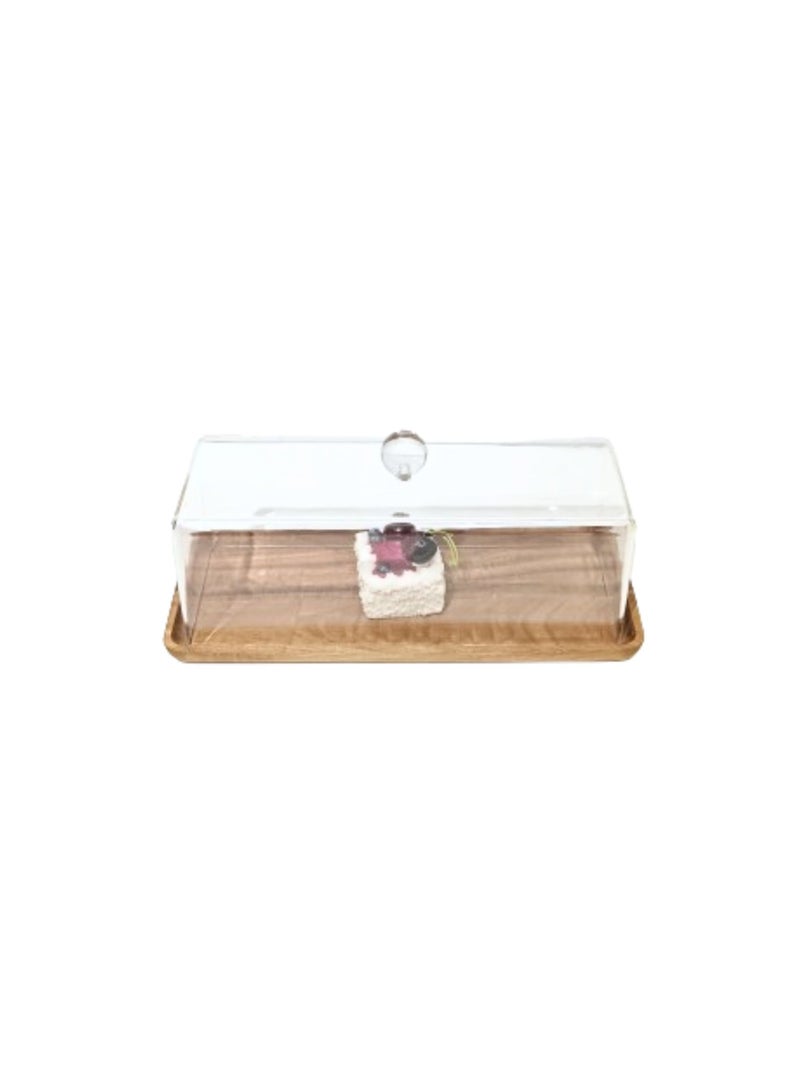 Liying Rectangular Cake Tray, Cake Wooden Plate Dish with Acrylic Display Cover Lid, Dessert Holder Tray, Cake Stand, Acrylic Grain Rectangle Cake Platter with Acrylic Cover, Pastry Base - Image 4