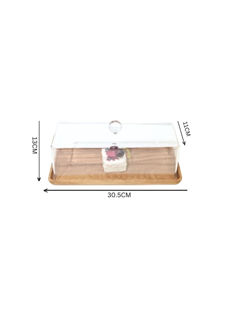 Liying Rectangular Cake Tray, Cake Wooden Plate Dish with Acrylic Display Cover Lid, Dessert Holder Tray, Cake Stand, Acrylic Grain Rectangle Cake Platter with Acrylic Cover, Pastry Base - Image 2