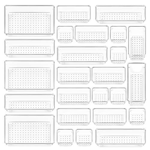 Vtopmart 25 PCS Clear Plastic Drawer Organizers Set 4Size Versatile Bathroom and Vanity Drawer Organizer Trays Storage Bins for Makeup Bedroom Kitchen Gadgets Utensils and Office