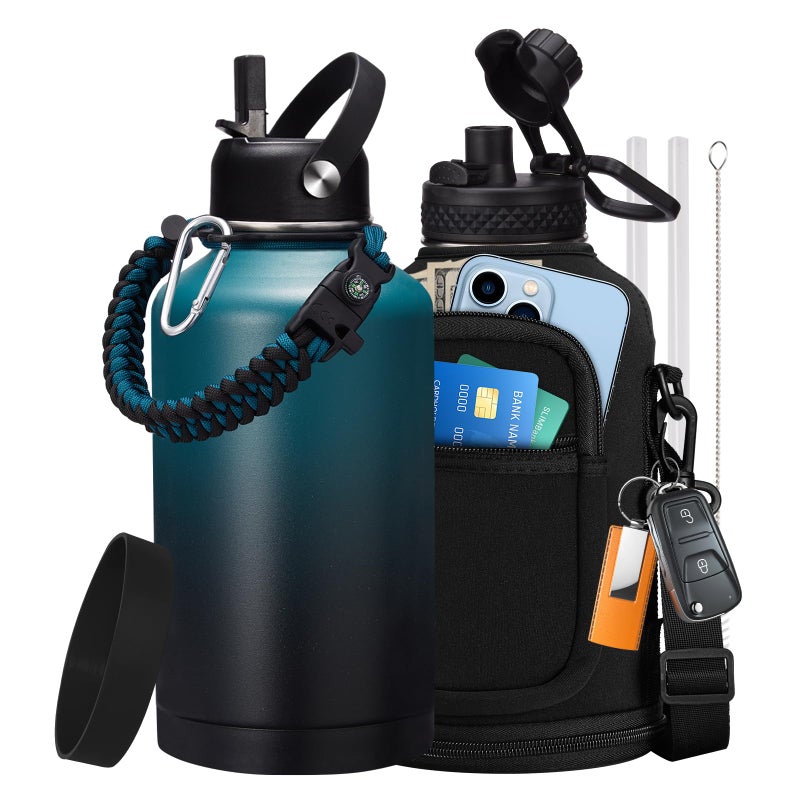 Insulated Water Bottle with Straw  64oz Stainless Steel Water Bottles with Paracord Handle 12 Gallon Big Water Jug Vacuum Insulated Waterbottle Metal Flask Reusable Double Wall Sport Bottle