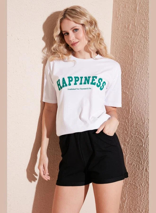 Lela Lela Printed Cotton Oversize Crew Neck T Shirt Women's T SHIRT 541HAPPINESS