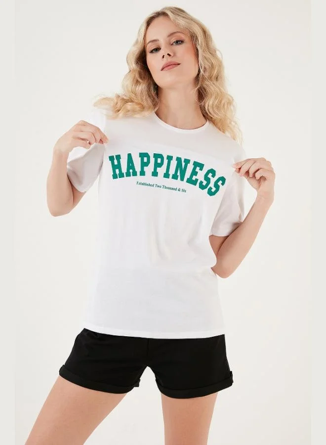 Lela Lela Printed Cotton Oversize Crew Neck T Shirt Women's T SHIRT 541HAPPINESS