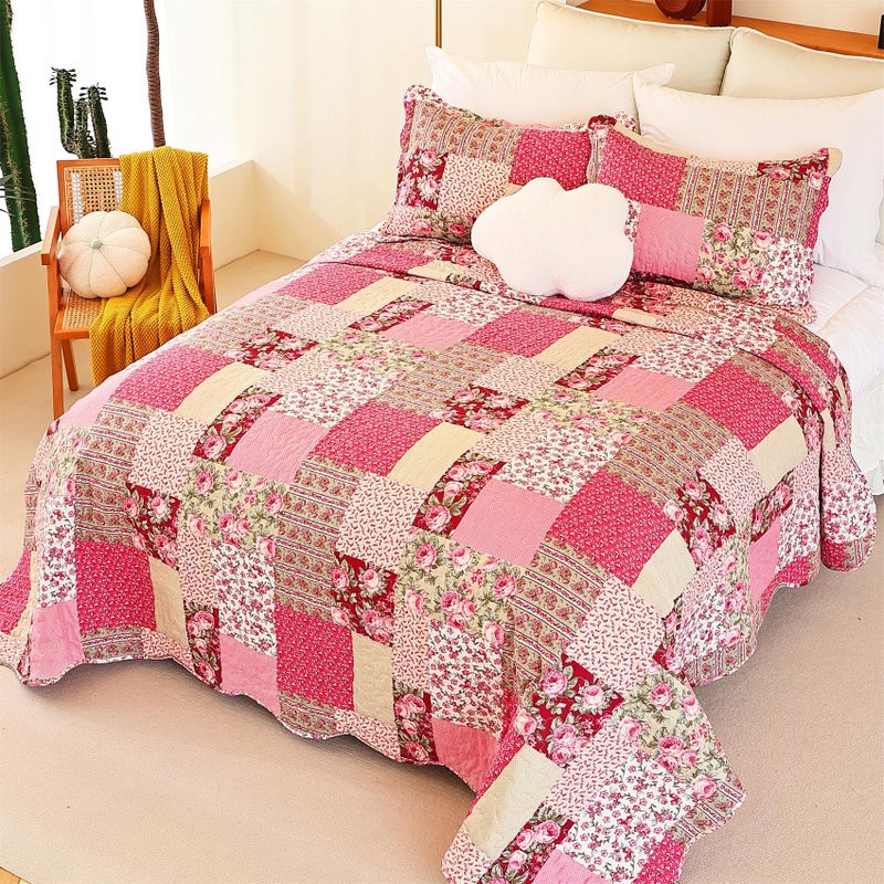 Cmfshape Summer Floral Oversize King Bedspread,Romantic Pink Quilt Set King,Reversible Stitched Bedding Set All Season,Soft Lightweight Coverlet with Pillow Cases (Hot Pink&Rose, Super King114 x102) - Image 3