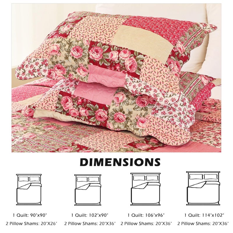 Cmfshape Summer Floral Oversize King Bedspread,Romantic Pink Quilt Set King,Reversible Stitched Bedding Set All Season,Soft Lightweight Coverlet with Pillow Cases (Hot Pink&Rose, Super King114 x102) - Image 5