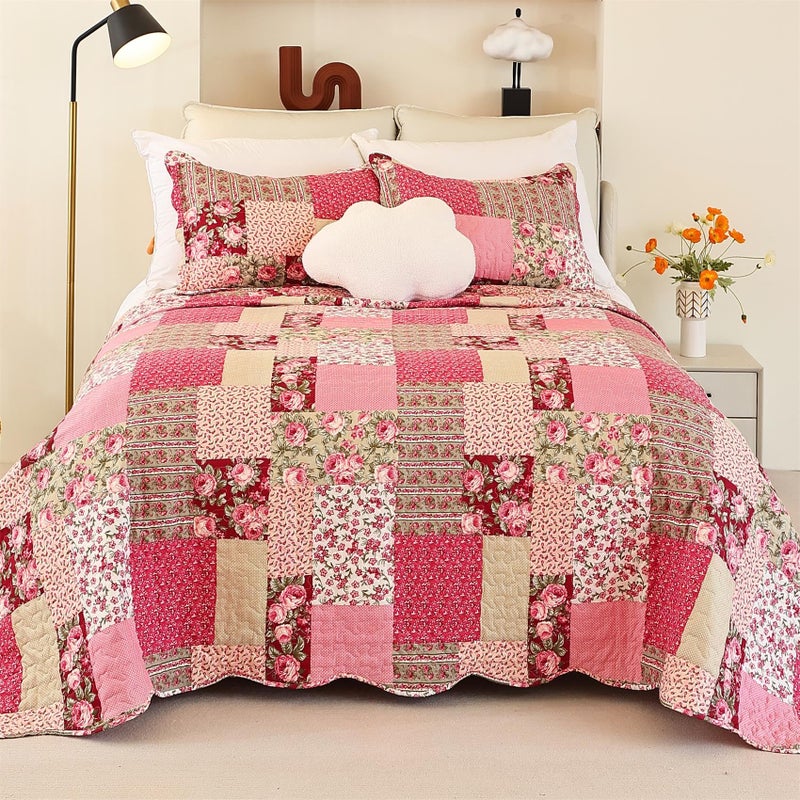 Cmfshape Summer Floral Oversize King Bedspread,Romantic Pink Quilt Set King,Reversible Stitched Bedding Set All Season,Soft Lightweight Coverlet with Pillow Cases (Hot Pink&Rose, Super King114 x102) - Image 2