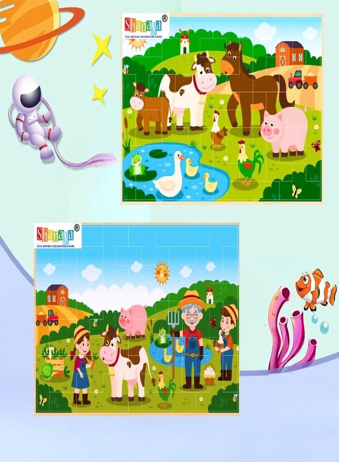 SHANAYA 36 Pieces Wooden Jigsaw Tetris Puzzle Kids Cartoon Animal Vehicle Puzzles Games Baby Early Learning Educational Toys for Children 2 Sided Puzzle (Farmers with Family + Farm Animals) - Image 1