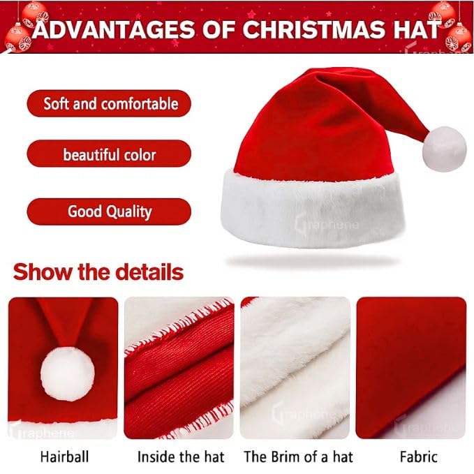 GRAPHENE Christmas Hats Unisex Santa Clause Plush Fur Xmas Caps for Kids and Adults, Free Size, comfortable Soft Combo Party Festive Fun Decorations Red & White Items (Pack Of 10) - Image 3
