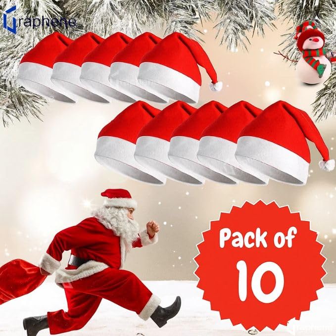 GRAPHENE Christmas Hats Unisex Santa Clause Plush Fur Xmas Caps for Kids and Adults, Free Size, comfortable Soft Combo Party Festive Fun Decorations Red & White Items (Pack Of 10) - Image 2