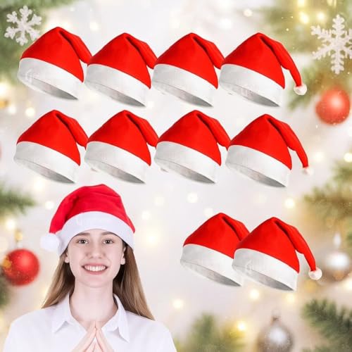 GRAPHENE Christmas Hats Unisex Santa Clause Plush Fur Xmas Caps for Kids and Adults, Free Size, comfortable Soft Combo Party Festive Fun Decorations Red & White Items (Pack Of 10) - Image 1