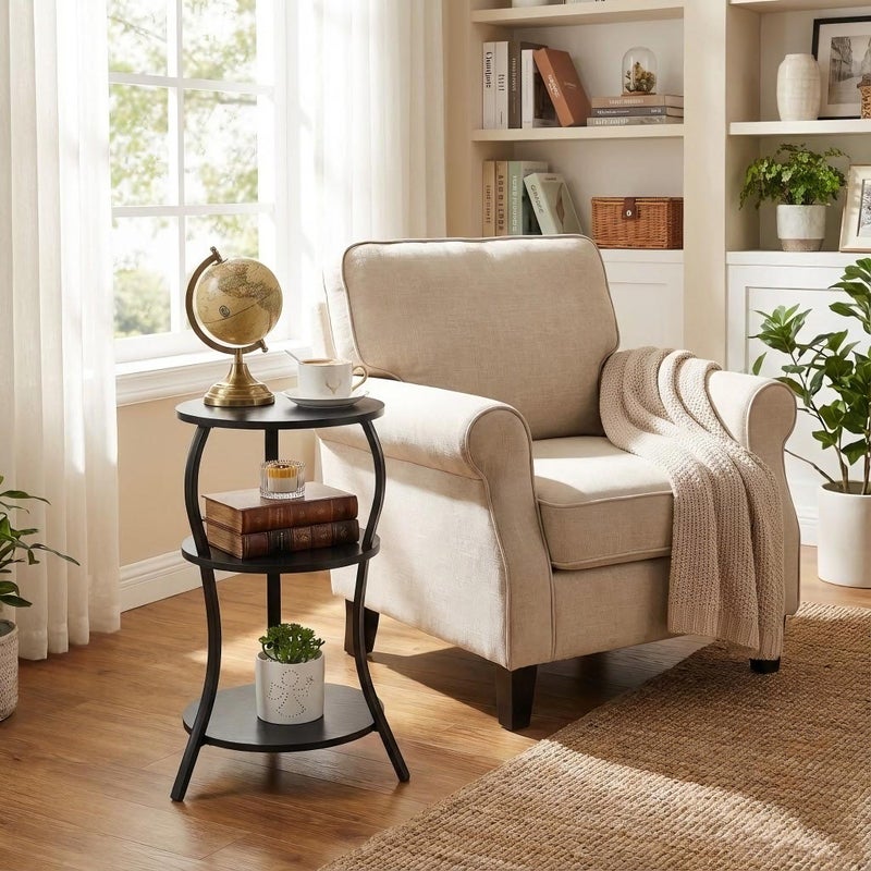 YEAKOO Vintage Small Round Side Table, 3-Tier Slim Waist Circular End Table with Storage Shelf, Compact Tea Sofa Side Table, Round Corner Coffee Table Nightstand for Living Room Bedroom Small Spaces,Black - Image 3