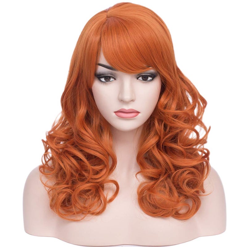 BERON Long Curly Wavy Wig with Bangs - Ginger Women's Halloween Cosplay Party Costume Wig (Dark Orange)