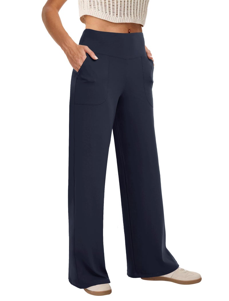 COPYLEAF Wide Leg Pants Woman High Waist Yoga Pants with Pockets Loose Stretch Dress Work Sweatpants Casual Lounge(Navy Blue L) - Image 1