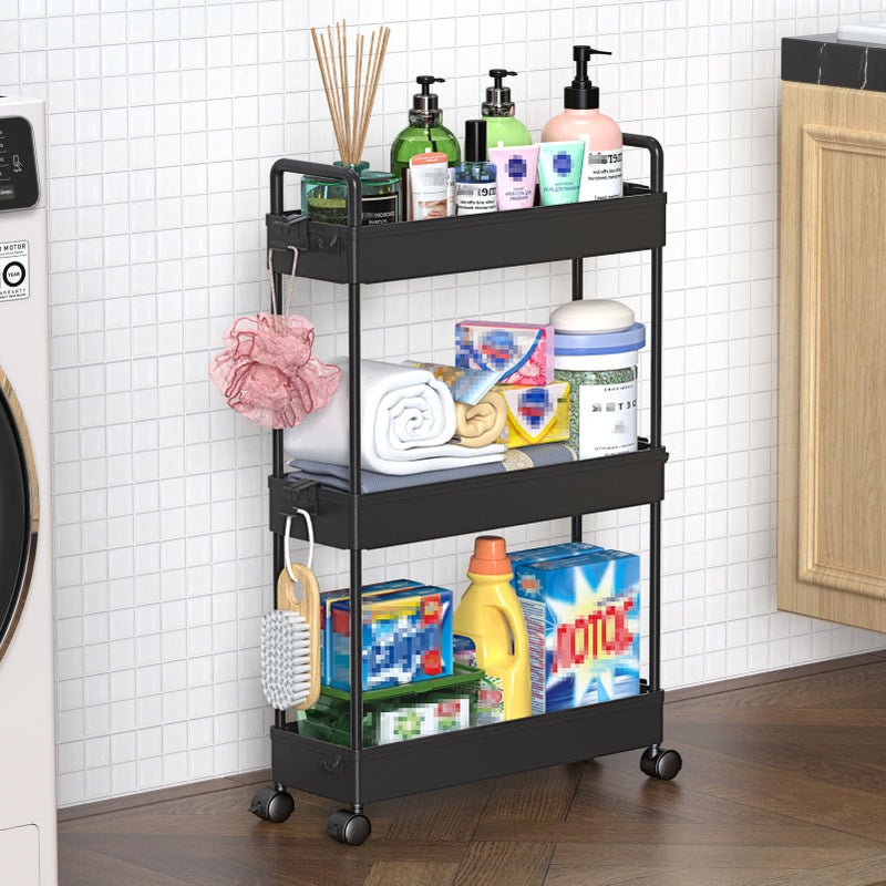SOLEJAZZ Slim Rolling Storage Cart with Wheels 3 Tier Skinny Bathroom Storage Organizer Thin Laundry Room Utility Cart Space-Saving for Bedside Kitchen Office Small Narrow Places, Black - Image 1