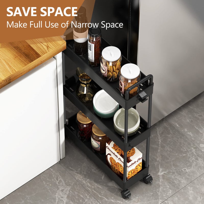 SOLEJAZZ Slim Rolling Storage Cart with Wheels 3 Tier Skinny Bathroom Storage Organizer Thin Laundry Room Utility Cart Space-Saving for Bedside Kitchen Office Small Narrow Places, Black - Image 4