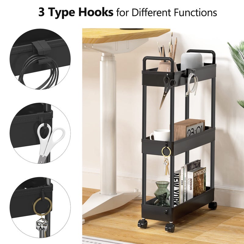 SOLEJAZZ Slim Rolling Storage Cart with Wheels 3 Tier Skinny Bathroom Storage Organizer Thin Laundry Room Utility Cart Space-Saving for Bedside Kitchen Office Small Narrow Places, Black - Image 3