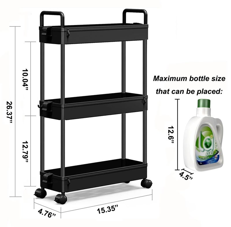 SOLEJAZZ Slim Rolling Storage Cart with Wheels 3 Tier Skinny Bathroom Storage Organizer Thin Laundry Room Utility Cart Space-Saving for Bedside Kitchen Office Small Narrow Places, Black - Image 2