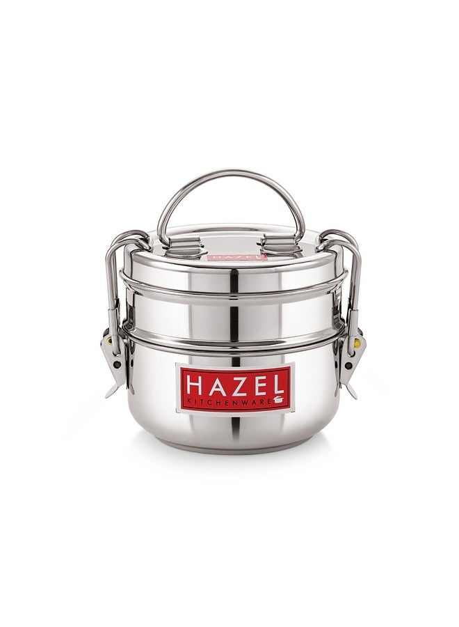 Hazel صندوق تيفين من هازيل من الفولاذ للمكتب | مجموعة صندوق غداء من الفولاذ المقاوم للصدأ مع 2 حاويات | صندوق غداء من الفولاذ متعدد الاستخدامات للاستخدام اليومي بتشطيب فضي لامع - Image 1