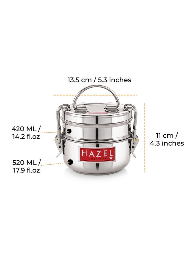 Hazel صندوق تيفين من هازيل من الفولاذ للمكتب | مجموعة صندوق غداء من الفولاذ المقاوم للصدأ مع 2 حاويات | صندوق غداء من الفولاذ متعدد الاستخدامات للاستخدام اليومي بتشطيب فضي لامع - Image 4