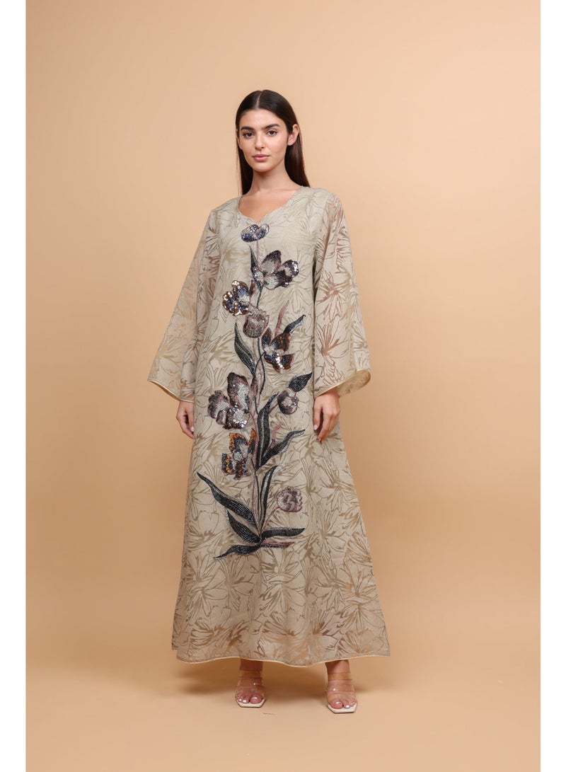 IKKXA Elegant Sequin Floral Applique Jalabiya - Image 1