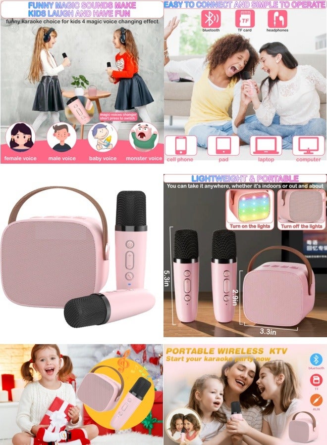 Portable Karaoke Machine with 2 Wireless Microphones Music Player Toy Gift Kids Mini Bluetooth Speaker Pink - Image 1