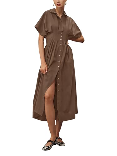 Yeokou Shirt Dress for Women Summer Casual Short Sleeve Button Down Loose Pleated Maxi Sundress with Pockets (Brown-XS) - Image 1