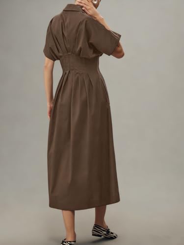 Yeokou Shirt Dress for Women Summer Casual Short Sleeve Button Down Loose Pleated Maxi Sundress with Pockets (Brown-XS) - Image 3