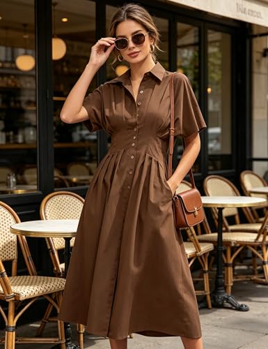 Yeokou Shirt Dress for Women Summer Casual Short Sleeve Button Down Loose Pleated Maxi Sundress with Pockets (Brown-XS) - Image 5