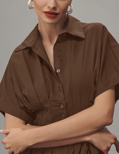 Yeokou Shirt Dress for Women Summer Casual Short Sleeve Button Down Loose Pleated Maxi Sundress with Pockets (Brown-XS) - Image 4