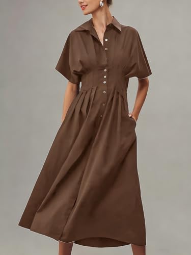 Yeokou Shirt Dress for Women Summer Casual Short Sleeve Button Down Loose Pleated Maxi Sundress with Pockets (Brown-XS) - Image 2