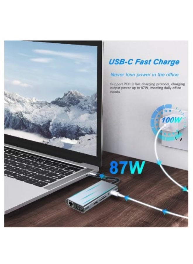Terabyte محول C HUB USB C 11 في 1 دونجل مع 4K HDMI VGA Type C PD USB3.0 RJ45 إيثرنت قارئ بطاقات SD/TF محطة إرساء 3.5mm AUX متوافق مع MacBook Pro/Air وأجهزة الكمبيوتر المحمولة الأخرى من نوع C - Image 3