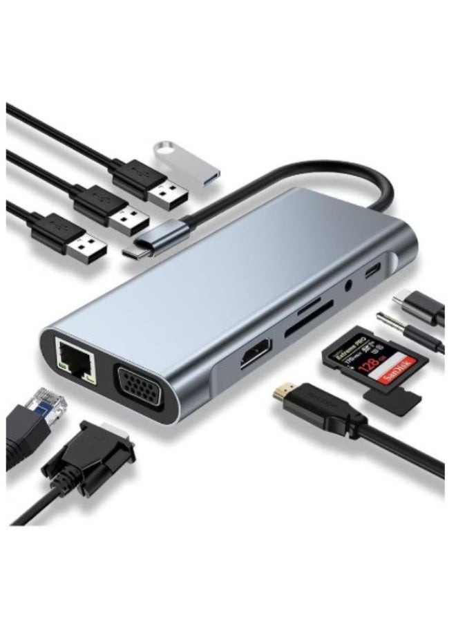 Terabyte محول C HUB USB C 11 في 1 دونجل مع 4K HDMI VGA Type C PD USB3.0 RJ45 إيثرنت قارئ بطاقات SD/TF محطة إرساء 3.5mm AUX متوافق مع MacBook Pro/Air وأجهزة الكمبيوتر المحمولة الأخرى من نوع C - Image 1